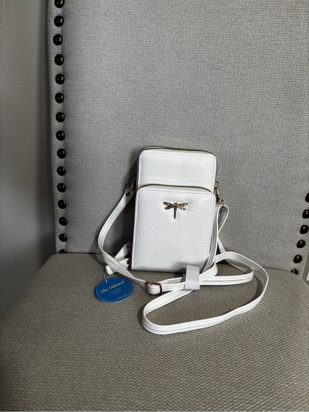 White Crossbody Phone Bag with Gold Dragonfly Accent
